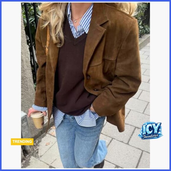 Faux Leather Blazer Jacket Oversized Trench Coat Long Sleeve - Picture 2 of 4